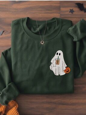 Gildan Forest Green Sweatshirt with White Ghost & Orange Pumpkin Graphic